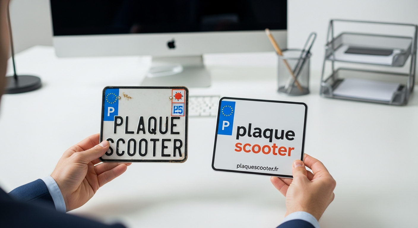 Plaque d'immatriculation de scooter bien visible et conforme sur un véhicule en ville